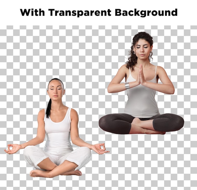 Due donne che meditano in pose di yoga con uno sfondo trasparente