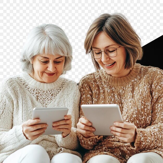 due donne sono sedute su un divano e una tiene un tablet e l'altra è bianca