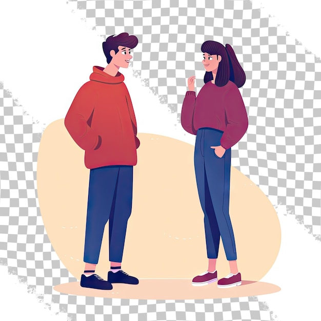 Due giovani in piedi in silenzio e guardandosi negli occhi Una coppia di adolescenti alla moda si guardano a vicenda Illustrazione vettoriale piatta colorata isolata su uno sfondo trasparente