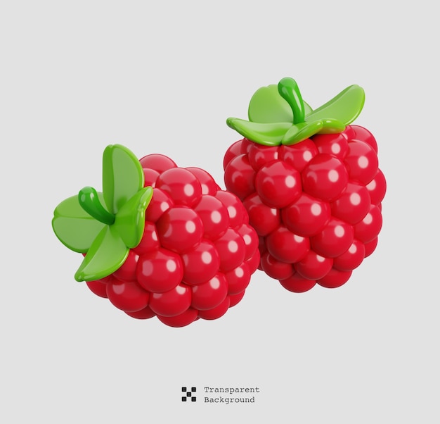 Due lamponi freschi con foglie verdi isolati icona di frutta di cartone animato 3d render illustrazione