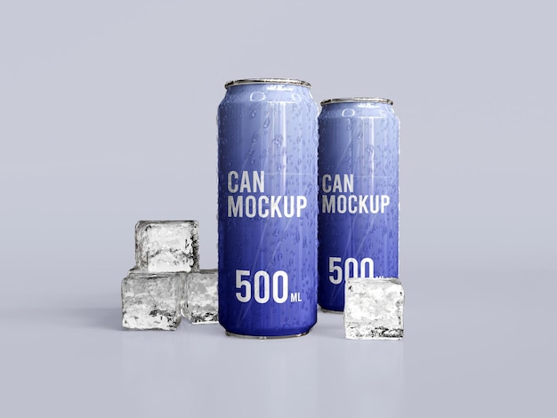 Due lattine di mockup si siedono davanti a cubetti di ghiaccio.