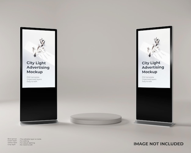 Due mockup di luci per città digitali con podio al centro