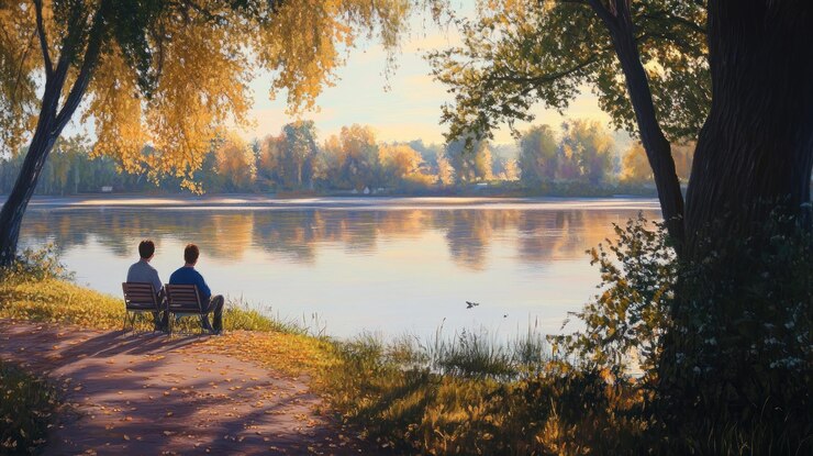 PSD due persone sedute accanto a un lago sereno al tramonto