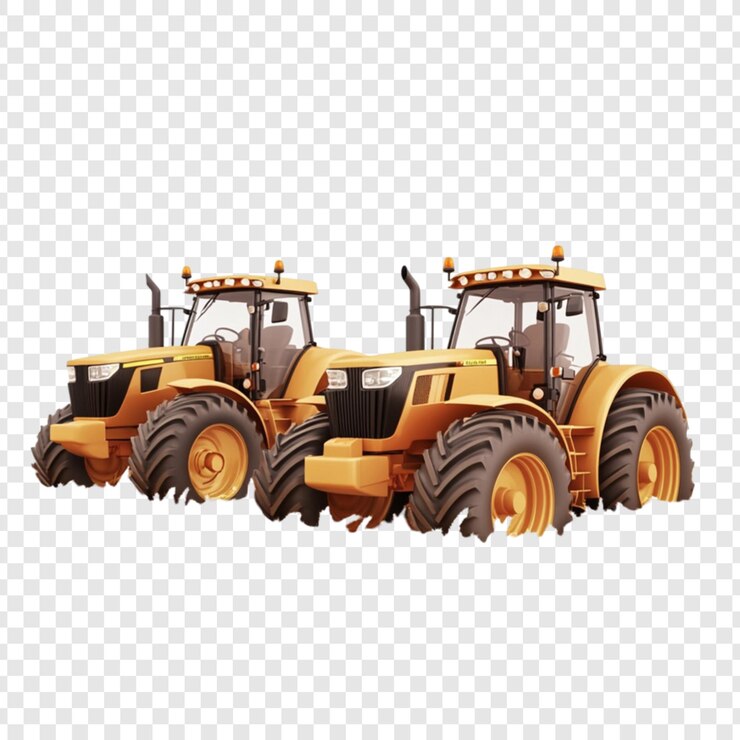 PSD due potenti trattori agricoli gialli fianco a fianco pronti per il lavoro pneumatici grandi motori forti macchine agricole attrezzature agricole moderni trattori macchine potenti trattori pesanti