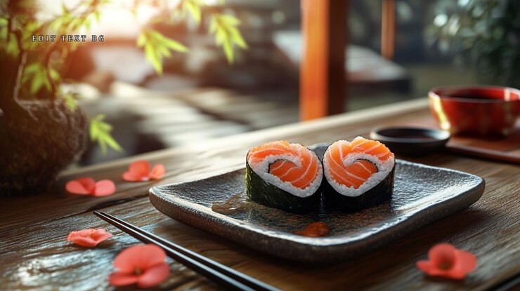 PSD due rotoli di sushi di salmone a forma di cuore su un tavolo di legno rustico vicino a una finestra con la luce solare