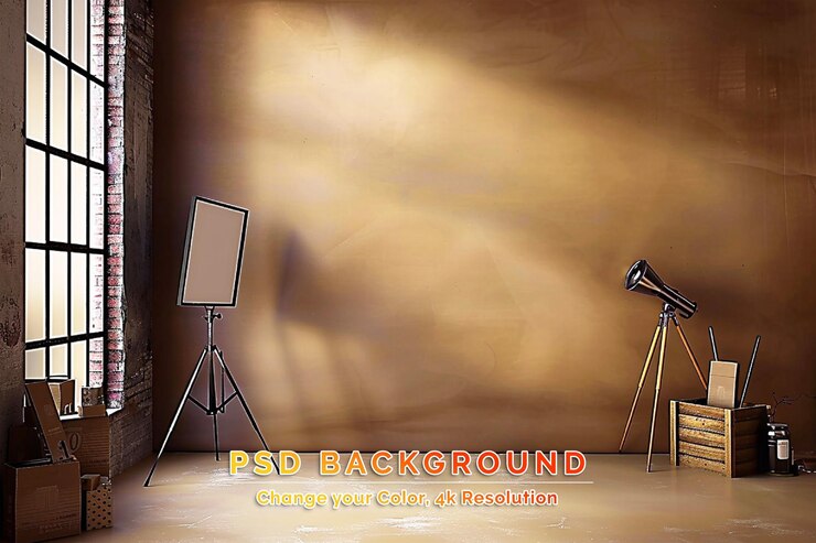 PSD due softbox per l'illuminazione dello studio e una scala nello studio fotografico