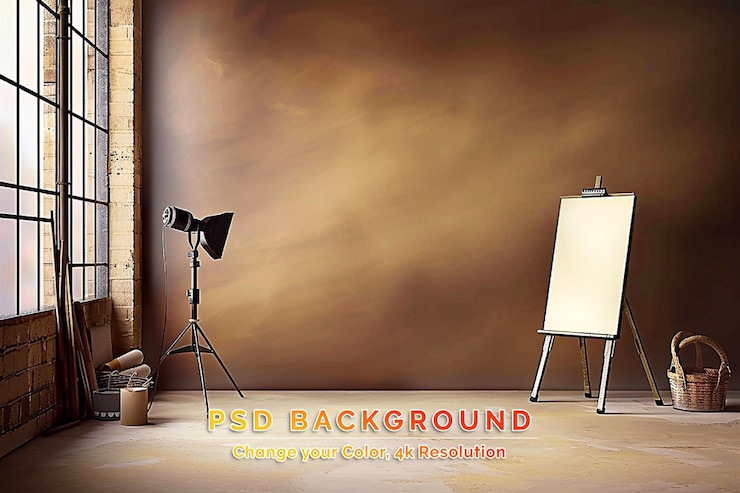 PSD due softbox per l'illuminazione dello studio e una scala nello studio fotografico