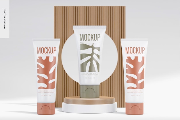 Due tubi color crema sul palco in legno Mockup, vista frontale