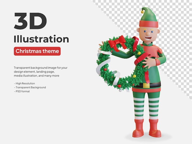 PSD duende con corona de navidad deja ilustración 3d