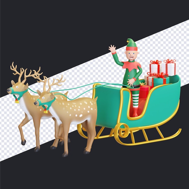 PSD duende de natal andando de trenó com duas renas carregando uma caixa de presente ilustração 3d render