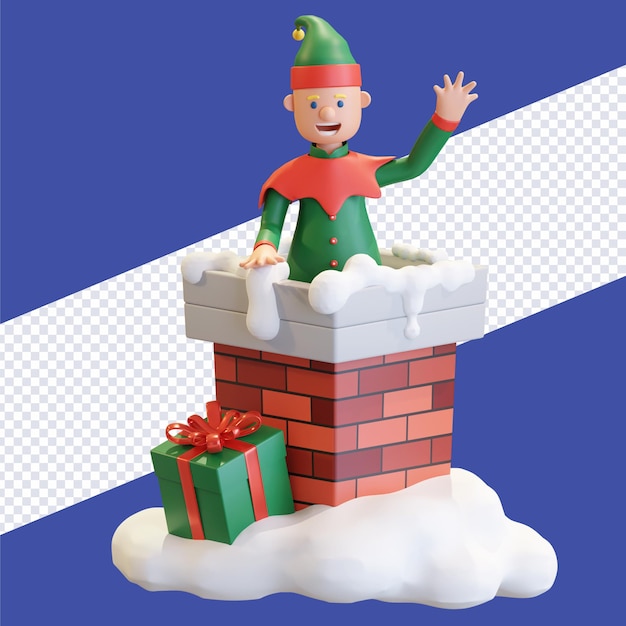 Duende navideño saliendo de la chimenea con caja de regalo navidad 3d render ilustración