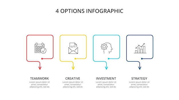 Dünne flache quadrate für infografik geschäftskonzept mit 4 optionen, schritten oder prozessen