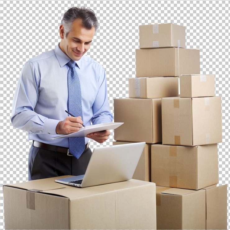 PSD dueño de negocio trabajando con cajas