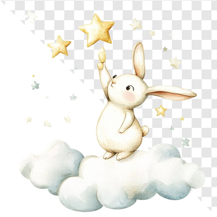 PSD dulce conejo alcanzando las estrellas en una nube esponjosa escena nocturna soñadora