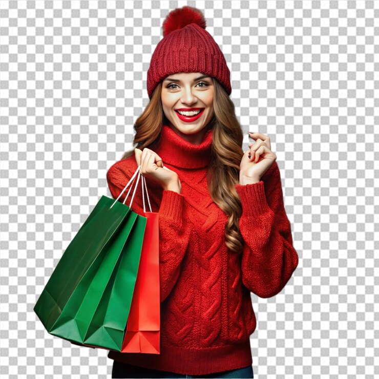 PSD dulce joven comprando regalos de navidad con la bolsa de compras