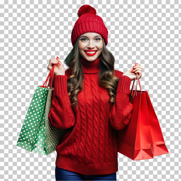 Dulce joven comprando regalos de Navidad con la bolsa de compras