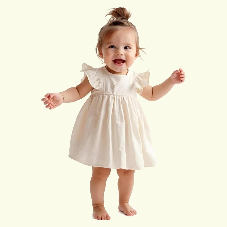 Dulce niña con vestido multicolor en un fondo claro