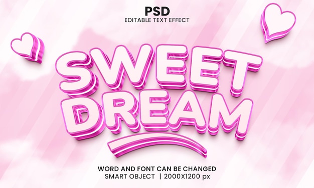 Dulce sueño 3d efecto de texto editable premium psd con fondo