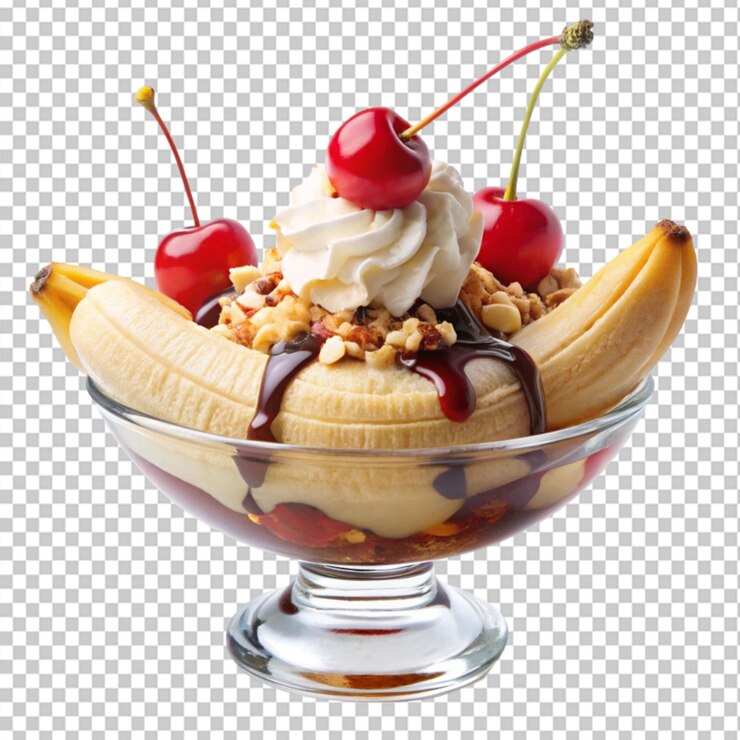 PSD dulce sundae casero de plátano dividido en un fondo transparente