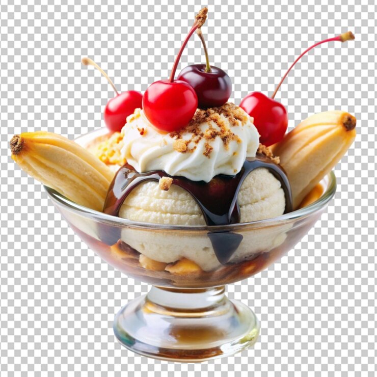 PSD dulce sundae casero de plátano dividido en un fondo transparente