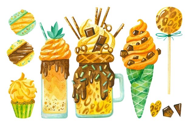 dulces ilustraciones en acuarela batido pastel de leche helado marshmallow