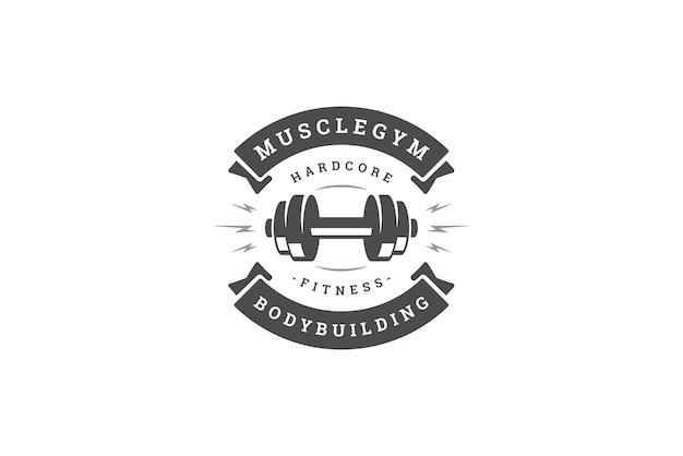 Dumbbell pesado metálico com relâmpago e fita modelo de design de logotipo vintage do clube de fitness