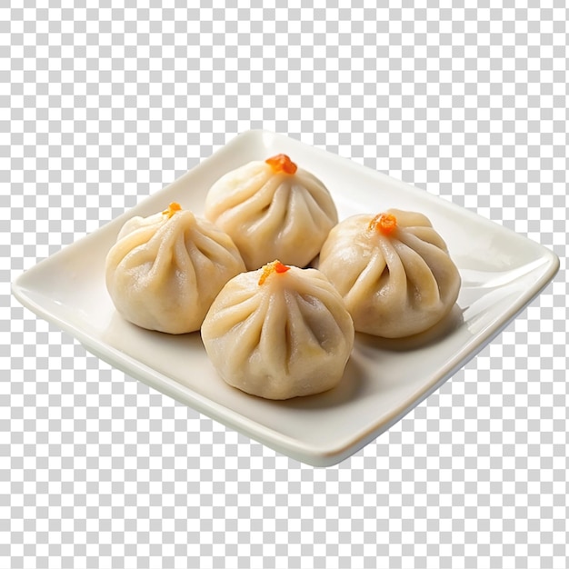 Dumpling al vapor en una placa aislada sobre un fondo transparente