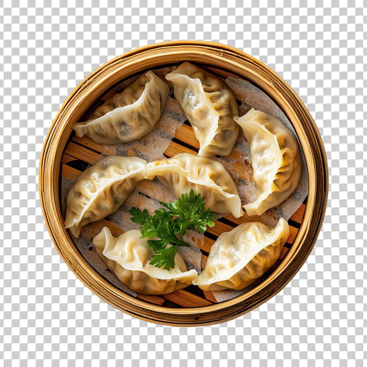 PSD dumplings al vapor en un vapor de bambú sobre un fondo transparente