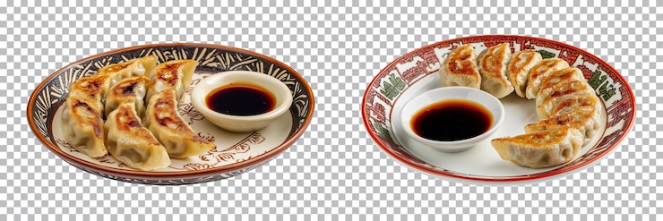 PSD dumplings gyoza con salsa de soja en un plato tradicional aislado en un fondo transparente cortado png