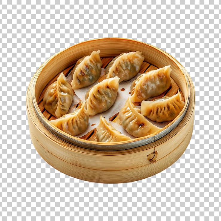 PSD dumplings hechos a mano en un vapor tradicional de bambú sobre un fondo transparente