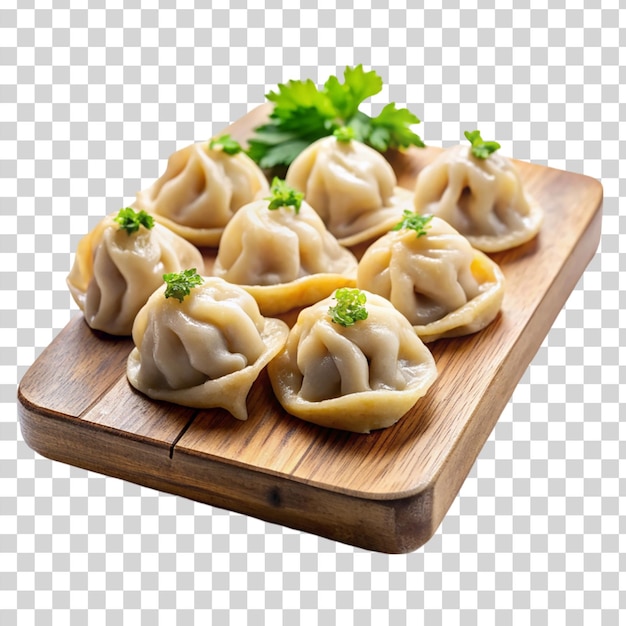 PSD dumplings en tabla de cortar sobre un fondo transparente