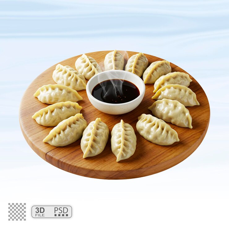 PSD dumplings with soy sauce on a wooden plate