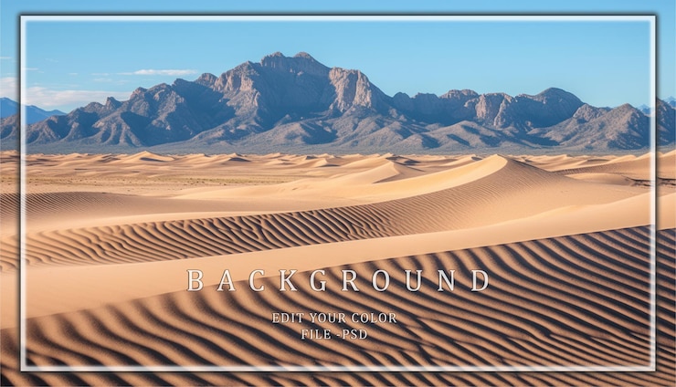 PSD dune di sabbia e catene montuose sotto un cielo blu