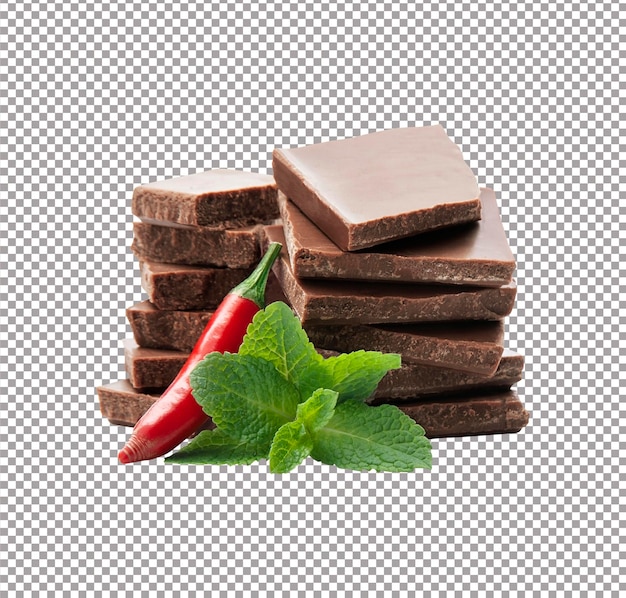 PSD dunkle schokolade mit chili und minze in nahaufnahme auf weißem hintergrund
