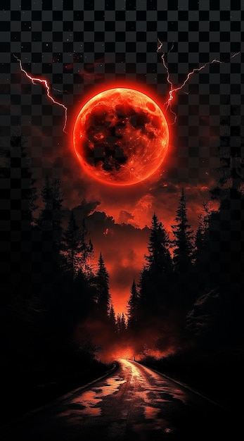 Dunkler Weg zum Roten Mond mit Blitz und schwarzen Bäumen auf durchsichtigem Hintergrund