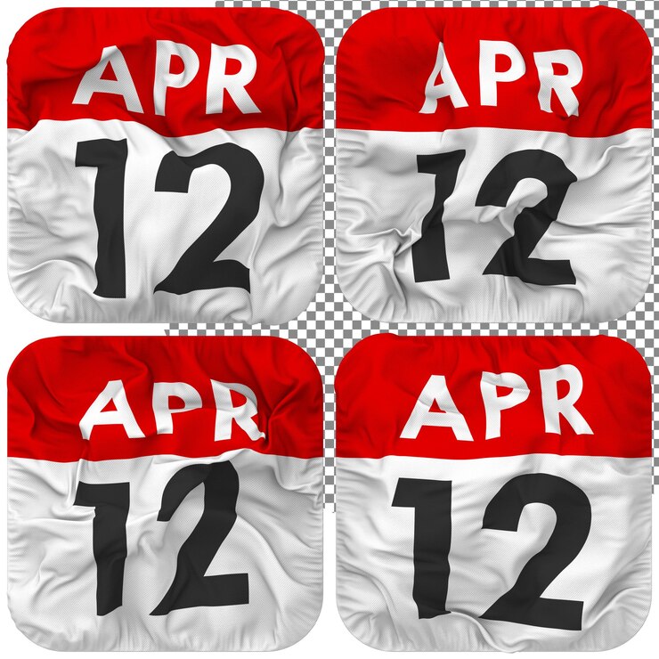 PSD duodécimo 12 de abril fecha calendario icono aislado cuatro ondulación estilo bump textura 3d rendering