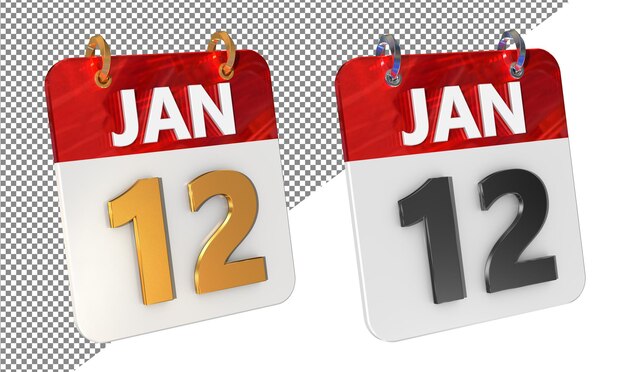 Duodécimo 12 de enero Fecha Icono 3D aislado Amplificador de oro Renderizado 3D brillante