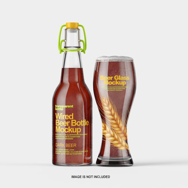 Durchsichtige lagerflasche dunkle flasche und glas-mockup