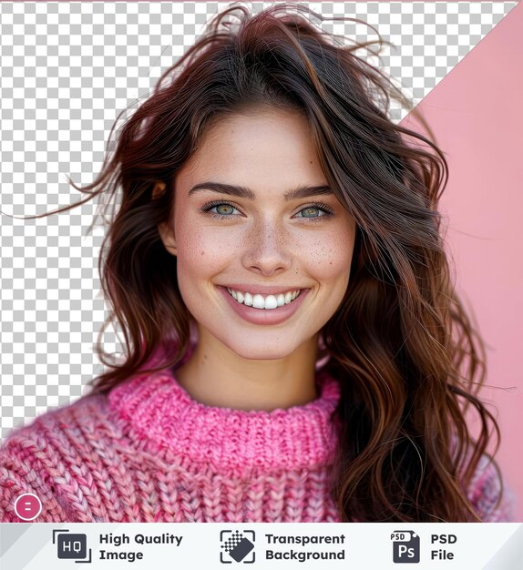 PSD durchsichtige premium-psd-bild junge schöne brünette lächelnd in einem rosa pullover