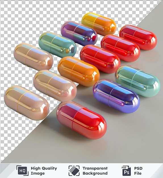 PSD durchsichtige premium-psd-bild verschiedene farbige pillen-mockup auf dem tisch