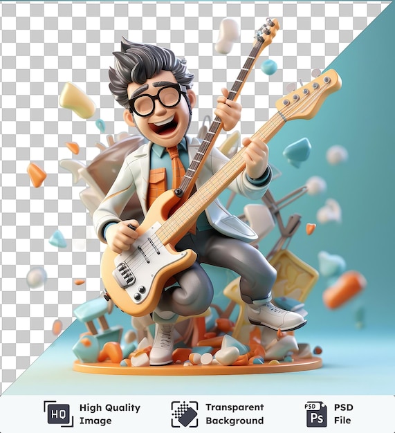 Durchsichtige psd-bild 3d-musiker-cartoon, der ein instrument spielt