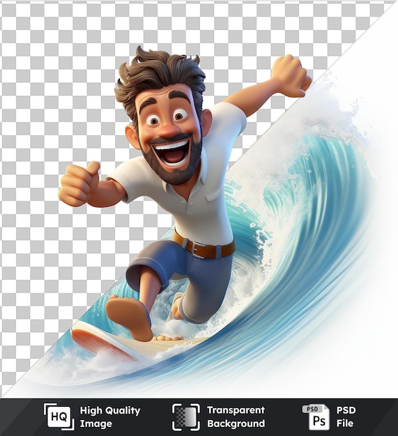 PSD durchsichtige psd-bild 3d-surfer-cartoon, der auf massiven wellen reitet bild