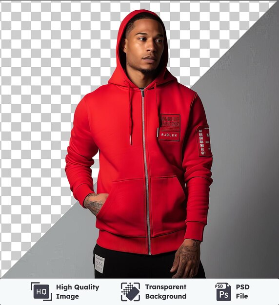 Durchsichtige psd-bild frontansicht ein premium-hoodie rotes baumwollmaterial stoffetikett erfassen