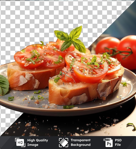Durchsichtige psd-bild knusprige bruschetta mit tomate und basilikum auf einem weißen teller