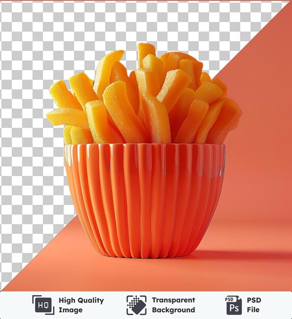 PSD durchsichtige psd-bild knusprige pommes frites in einer weißen schüssel auf einem rosa tisch mit einem dunklen schatten im hintergrund