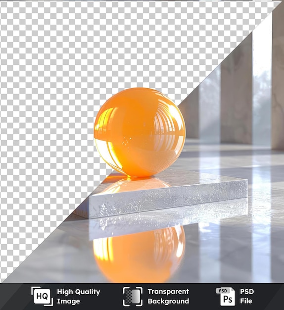 Durchsichtige psd-bild samtig orangefarbene kugel und grüne pflanze auf glänzendem boden mit glänzender reflexion