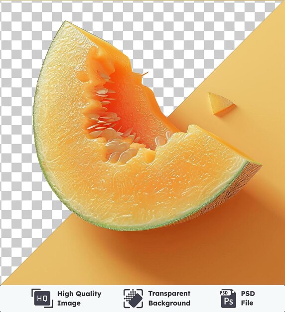 Durchsichtige psd-bildmelonpanne mit einer melonscheibe auf einem gelben hintergrund, begleitet von einer orange und einem schatten