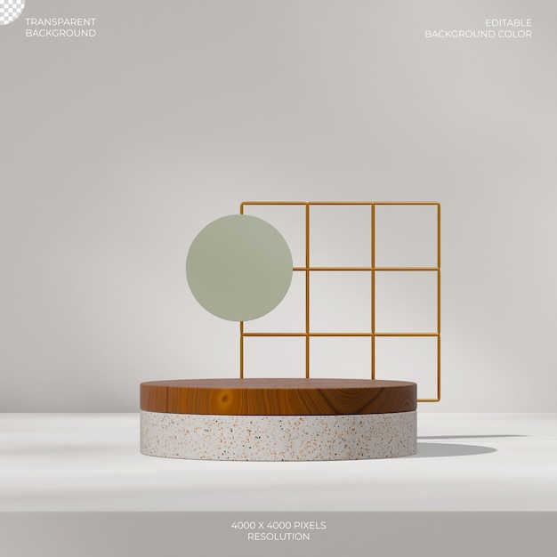 durchsichtiger Hintergrund eines Holzkörnerzylinders Podiums in quadratischem Goldgitter 3D-Bildrender