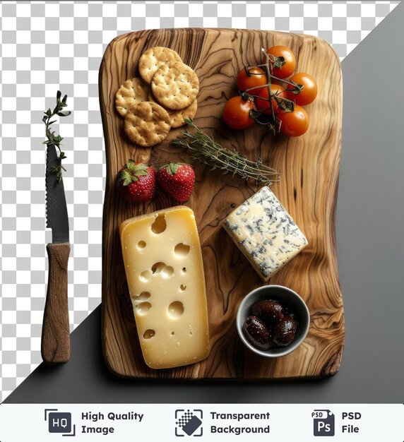 PSD durchsichtiger hintergrund mit isolierter gourmet-käse-liste auf einem holztisch, begleitet von einer roten erdbeere und einer weißen schüssel gegen eine graue und weiße wand