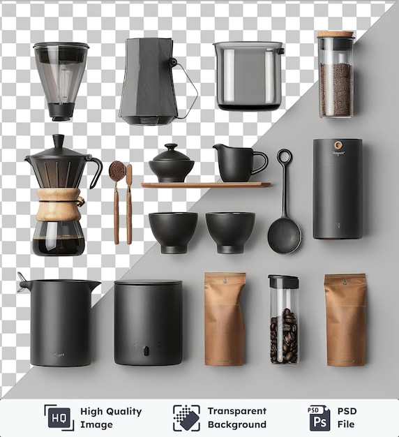 PSD durchsichtiger hintergrund mit isolierter kaffeebrühe mit einem schwarzen holzlöffel und einem braunen beutel an einer weißen wand, begleitet von einem silbernen toaster